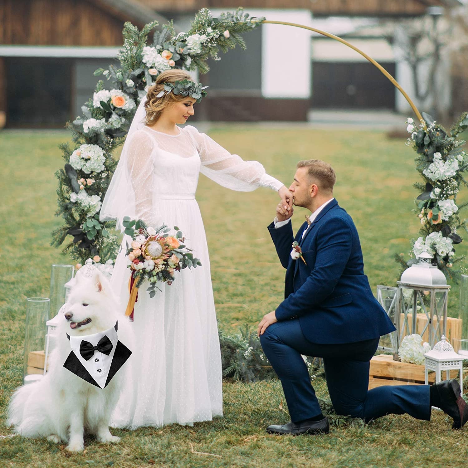 Formal Dog Tuxedo Wedding Pet Bandana Collar with Bow Tie, Adjustable Pet Bowtie Collar Bandana for Large Dog (Large)